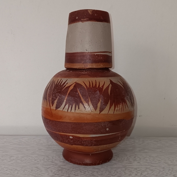 Vintage Handmade Rustic Mexican Clay Pottery Water Jug Decanter With Cup 8" Tall - Picture 2 of 16